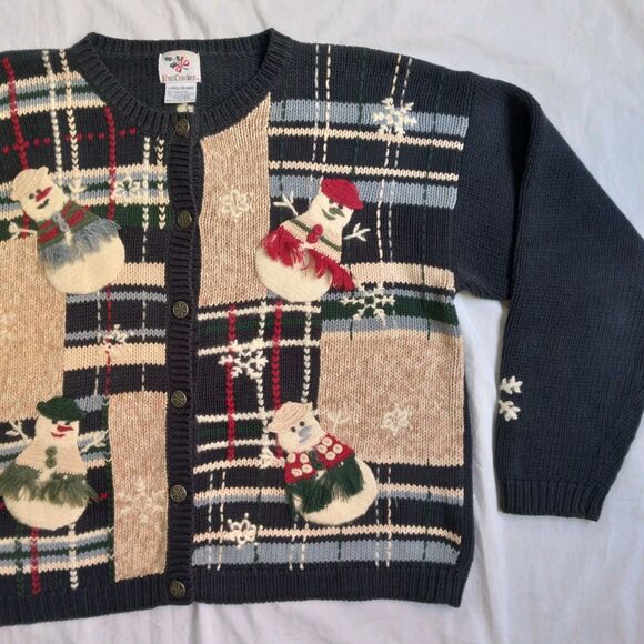 Vintage Nutcracker Christmas Holiday Party Cardigan Sweater Navy Snowmen Size L - Picture 4 of 15